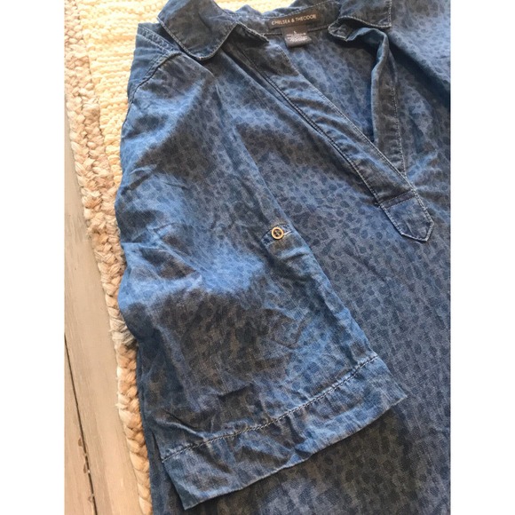 Chelsea & Theodore Shirt Dress Blue Chambray Leopard Animal Print Roll Tab Sz L - Picture 10 of 10